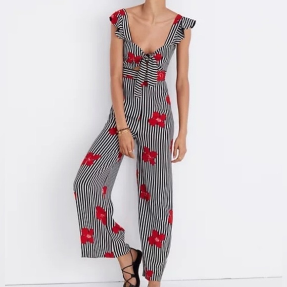 MADEWELL Plumeria Cutout Jumpsuit Striped Floral Ruffle Strap Size 2 - Picture 1 of 14